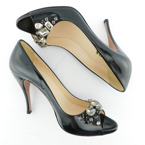 PRADA Crystal Embellished Black Patent Leather Peep Toe Heel Pumps 37 - Picture 6 of 10